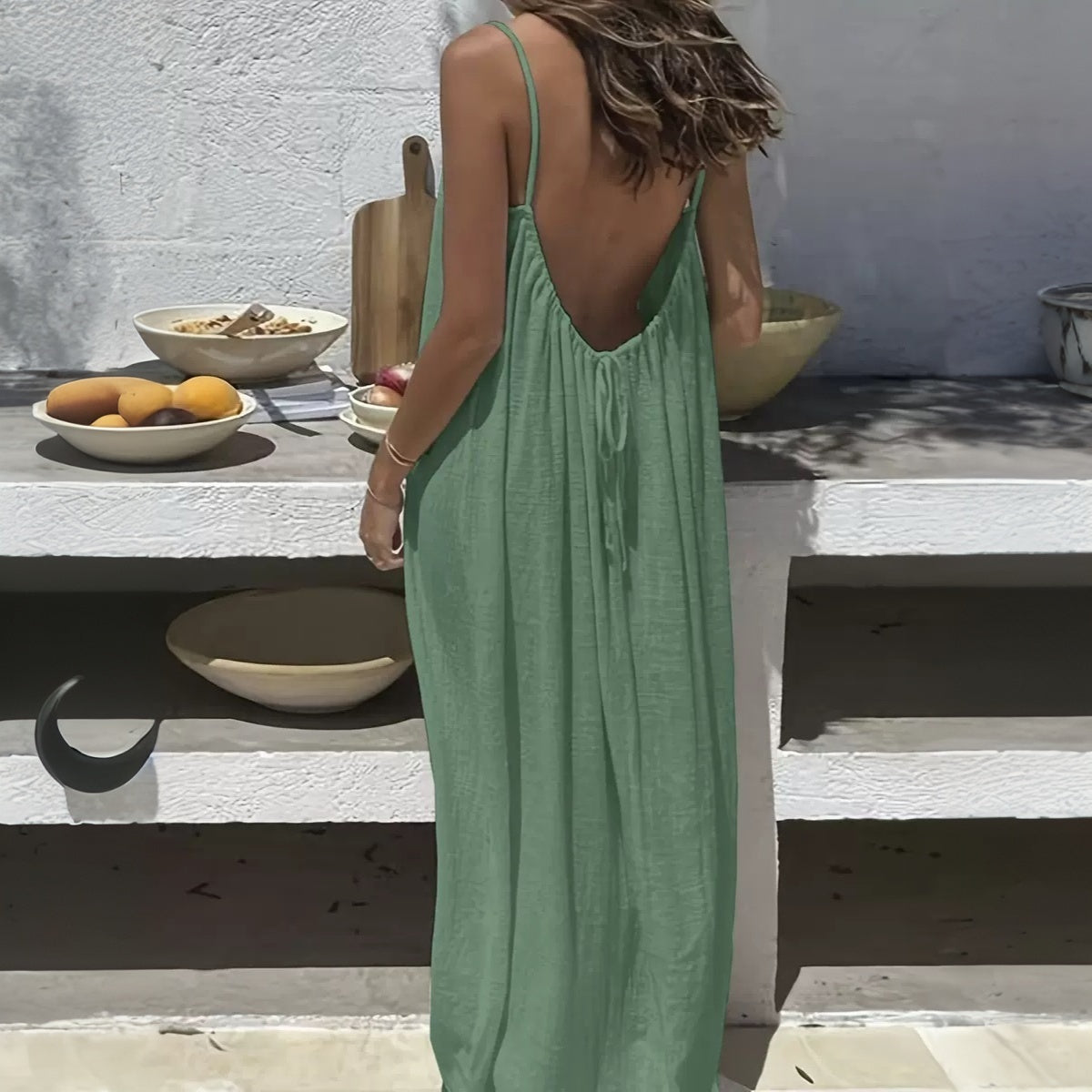 Flowy backless spaghetti strap maxi dress for women