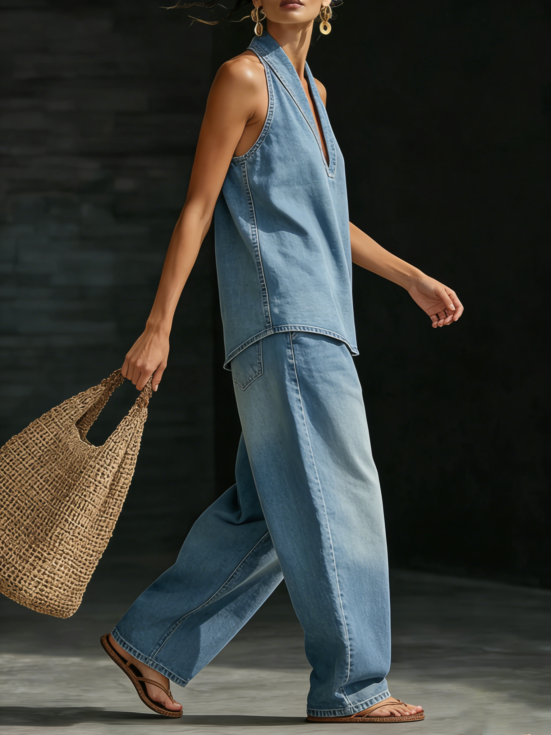 Two-piece matching denim set for women jacket and pants