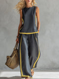 Two-tone gray cotton linen vest and pants set for women
