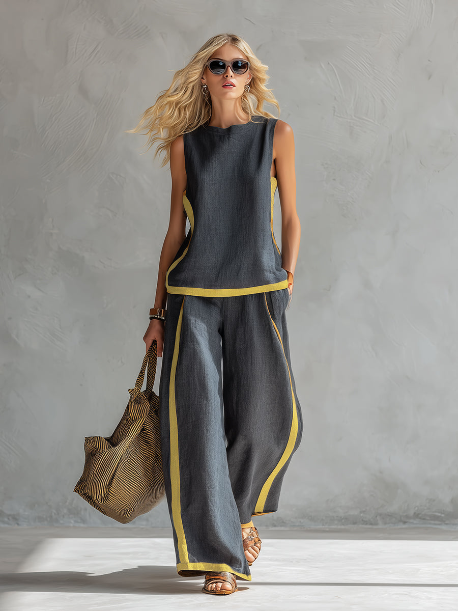 Two-tone gray cotton linen vest and pants set for women