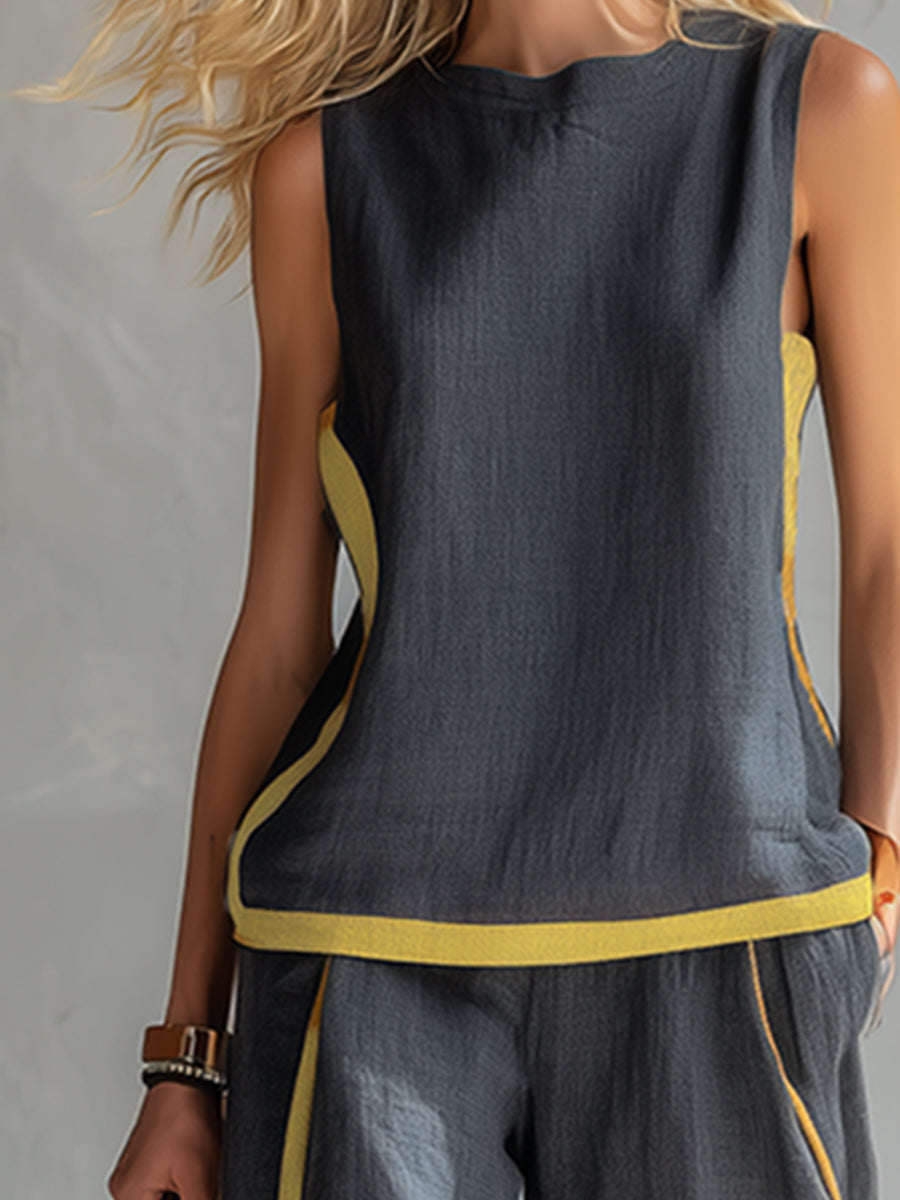 Two-tone gray cotton linen vest and pants set for women