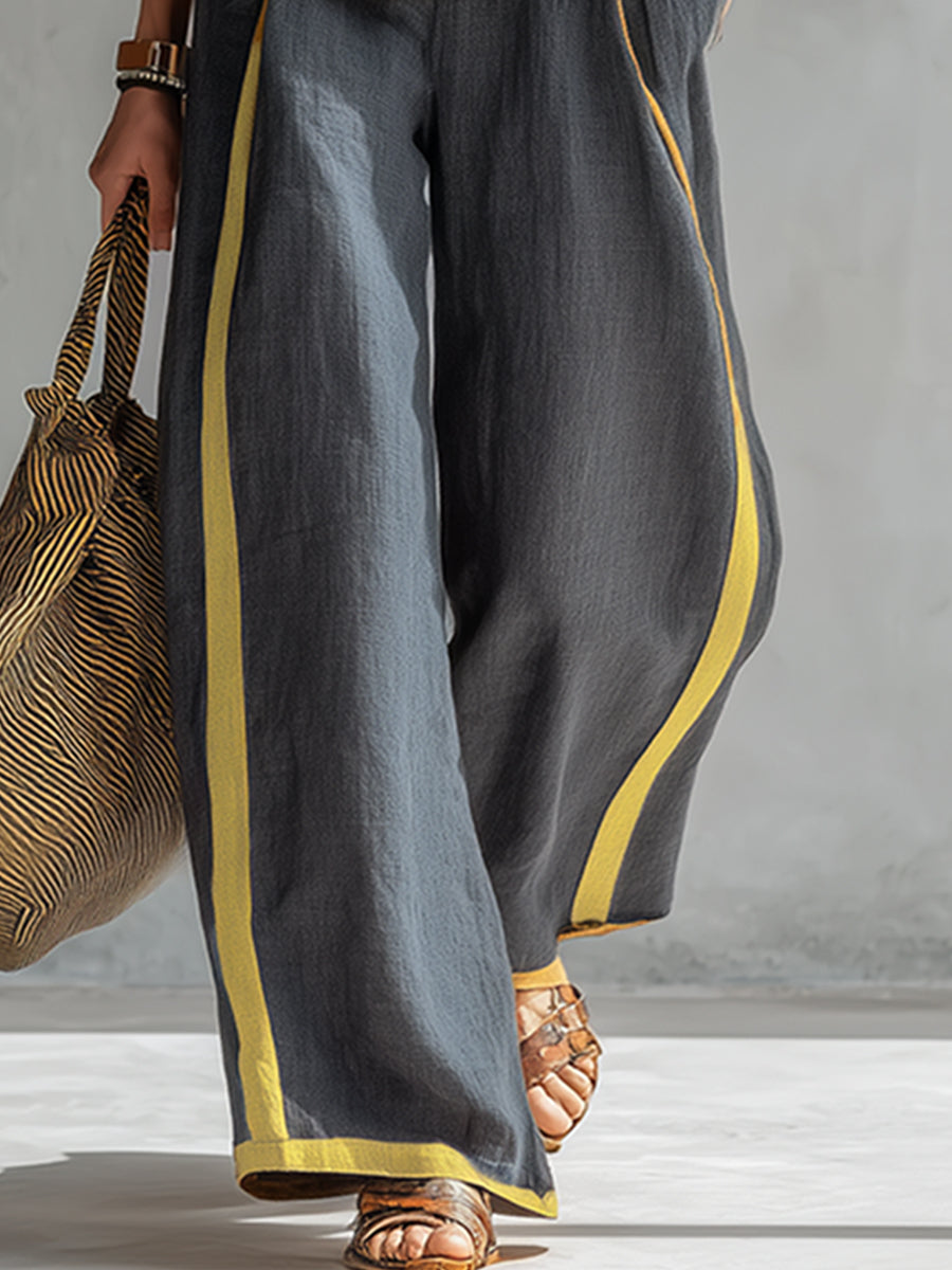 Two-tone gray cotton linen vest and pants set for women