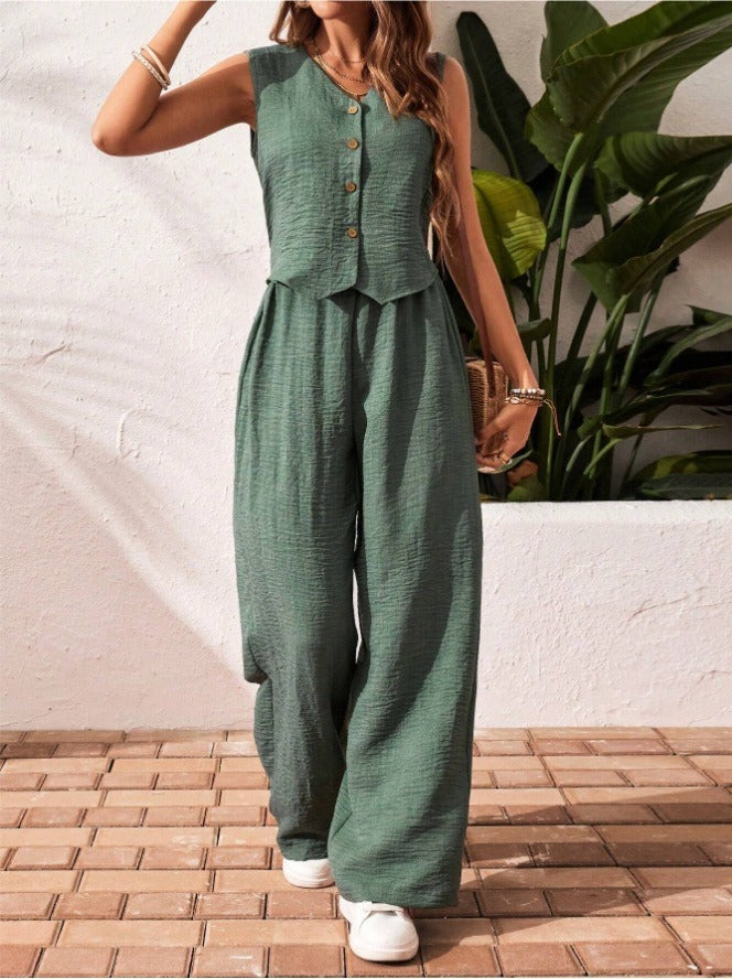 Sage green linen vest and palazzo pants two-piece set for women