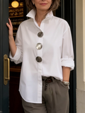 Cotton linen blend tunic blouse for women with stand collar