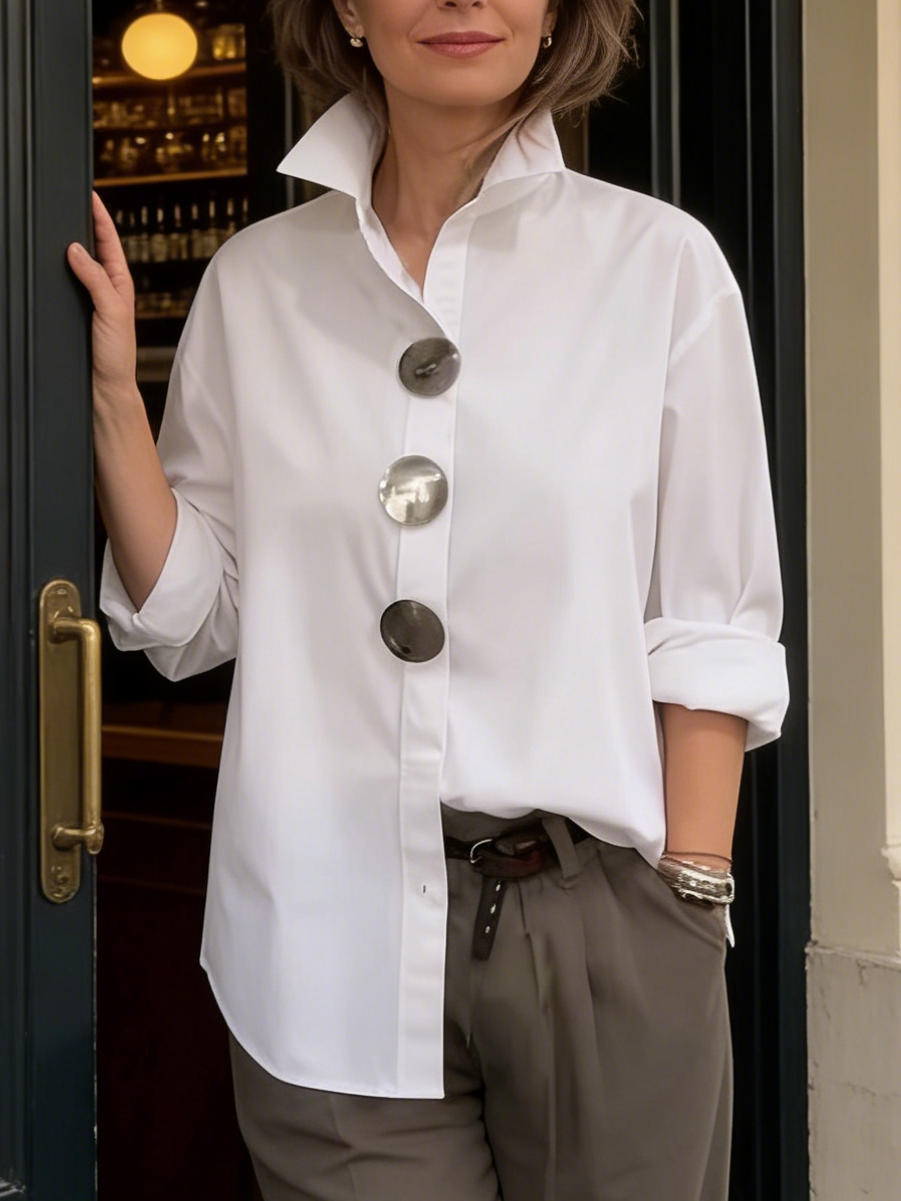 Cotton linen blend tunic blouse for women with stand collar