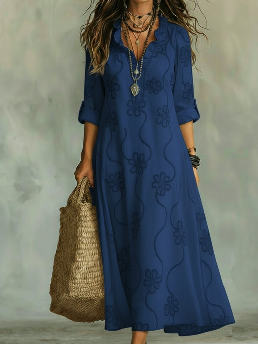 Vintage floral A-line midi dress with ruffled collar