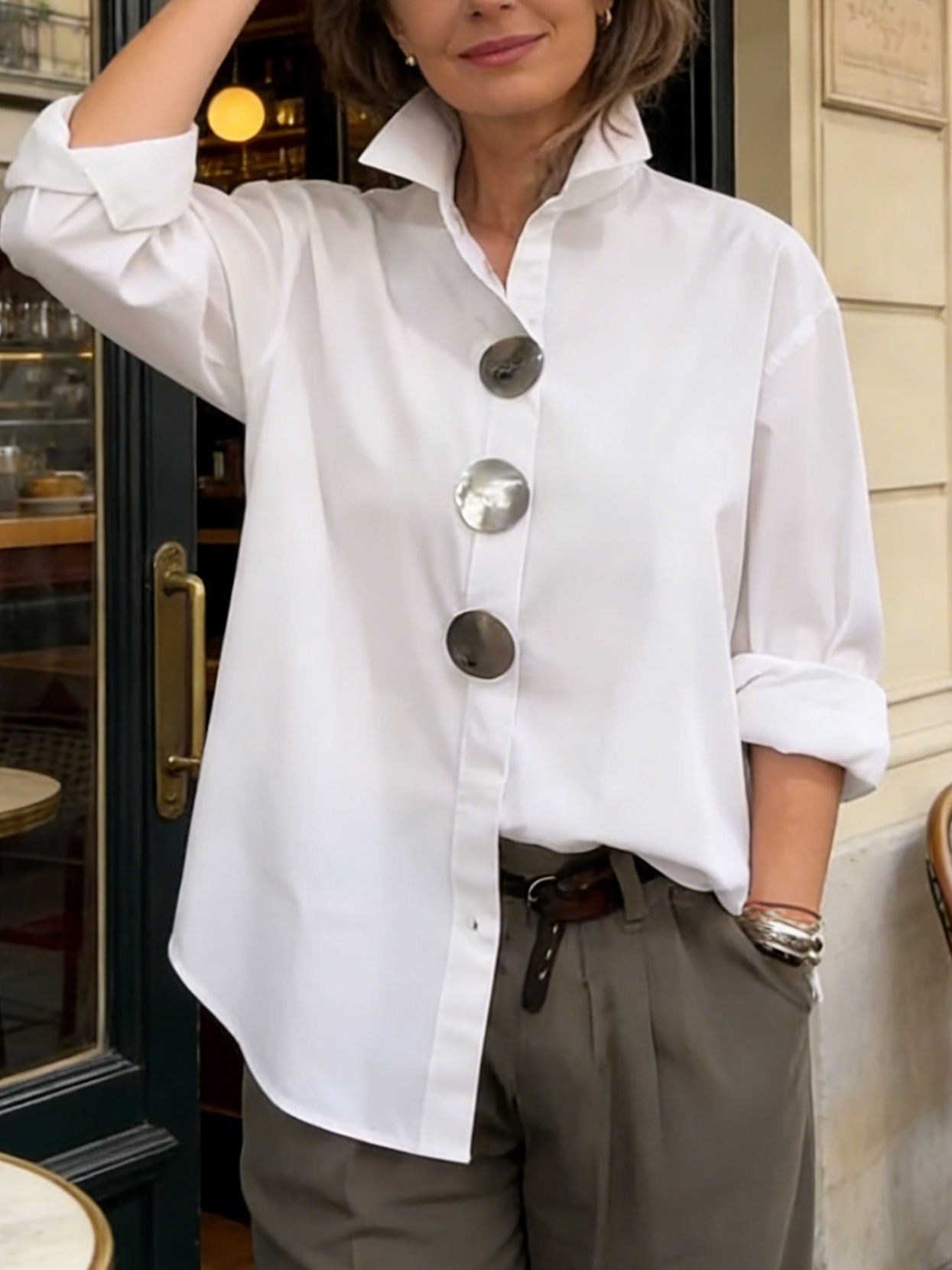 Cotton linen blend tunic blouse for women with stand collar