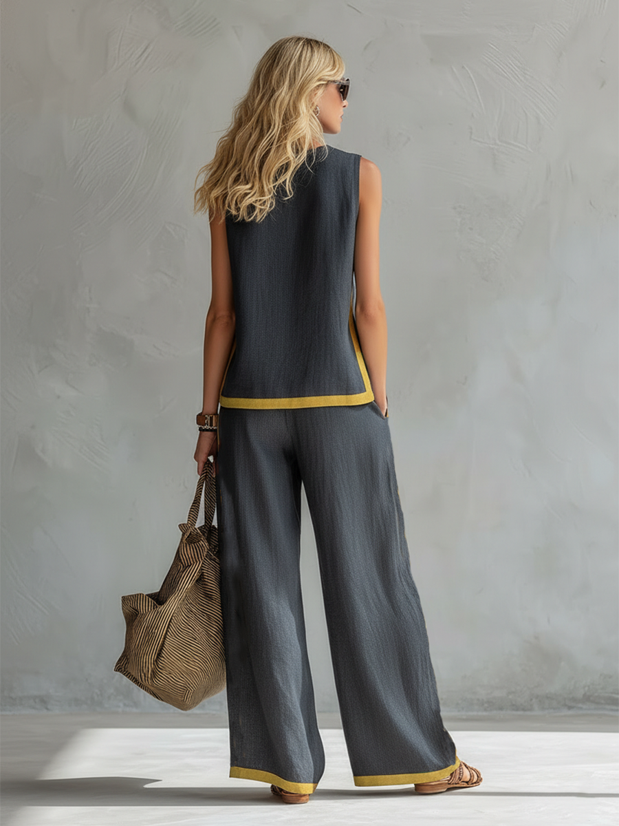Two-tone gray cotton linen vest and pants set for women
