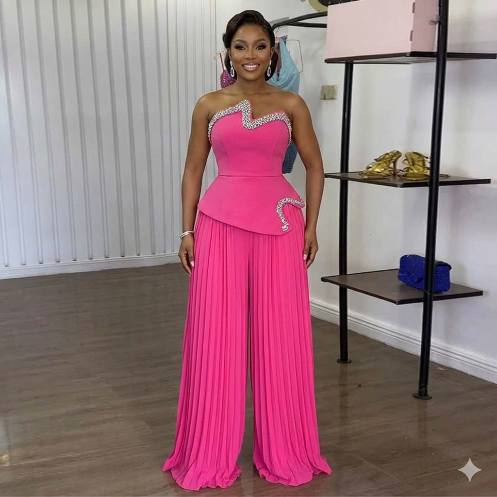 Rhinestone strapless pink peplum and palazzo pants co-ord set