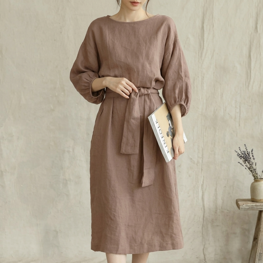 Linen midi dress with lantern sleeves and tie waist for women