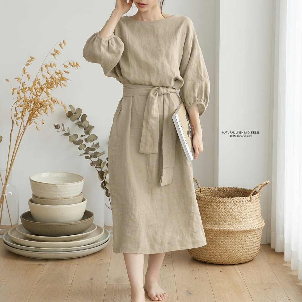Linen midi dress with lantern sleeves and tie waist for women