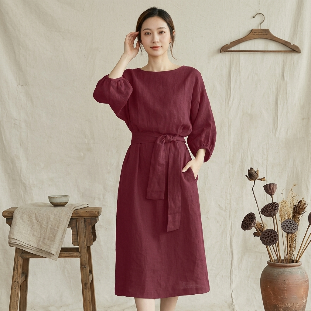 Linen midi dress with lantern sleeves and tie waist for women