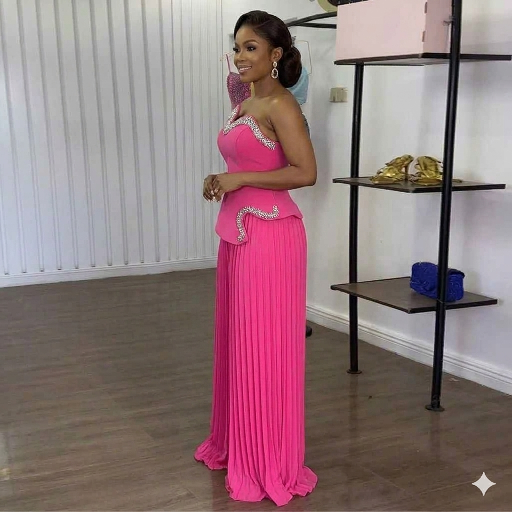Rhinestone strapless pink peplum and palazzo pants co-ord set