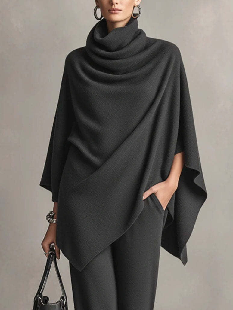Cowl neck poncho top and wide-leg pants knit two-piece set for women