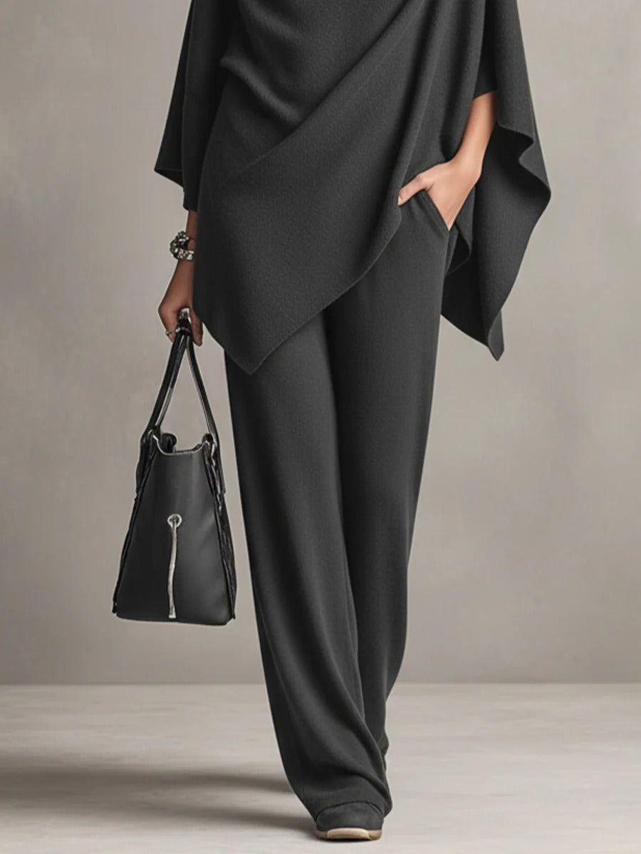 Cowl neck poncho top and wide-leg pants knit two-piece set for women