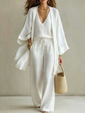 Three-piece linen look set cardigan cami and wide-leg pants for women