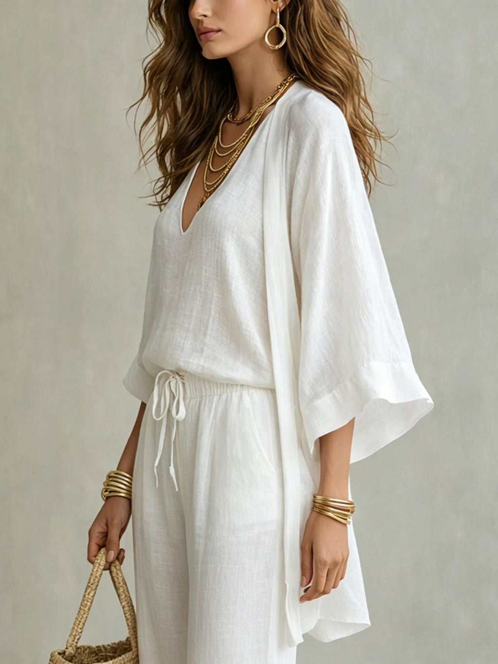 Three-piece linen look set cardigan cami and wide-leg pants for women