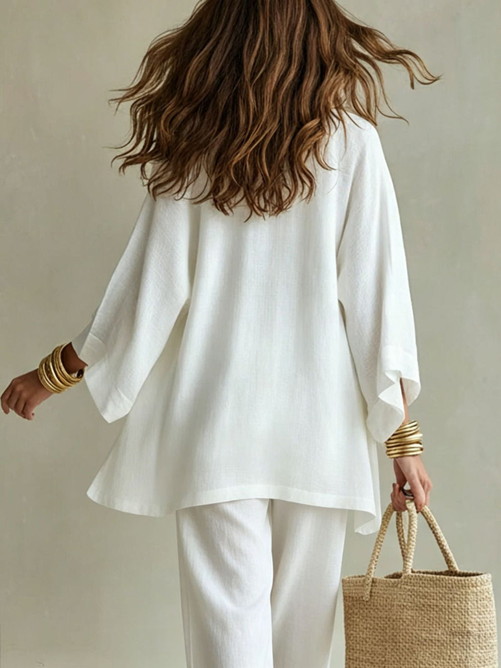 Three-piece linen look set cardigan cami and wide-leg pants for women