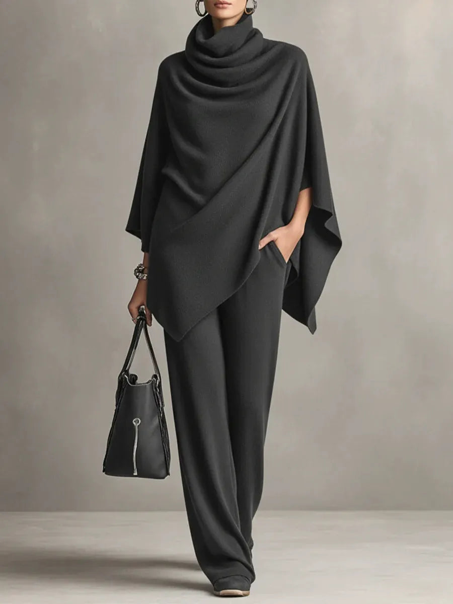 Cowl neck poncho top and wide-leg pants knit two-piece set for women