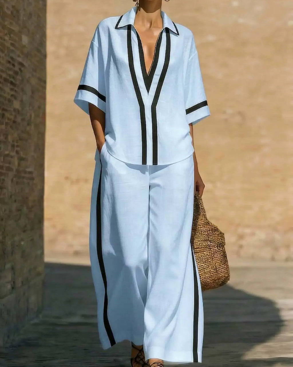 Nautical color block V-neck tunic and palazzo pants set for women