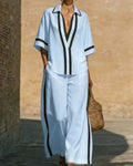 Nautical color block V-neck tunic and palazzo pants set for women