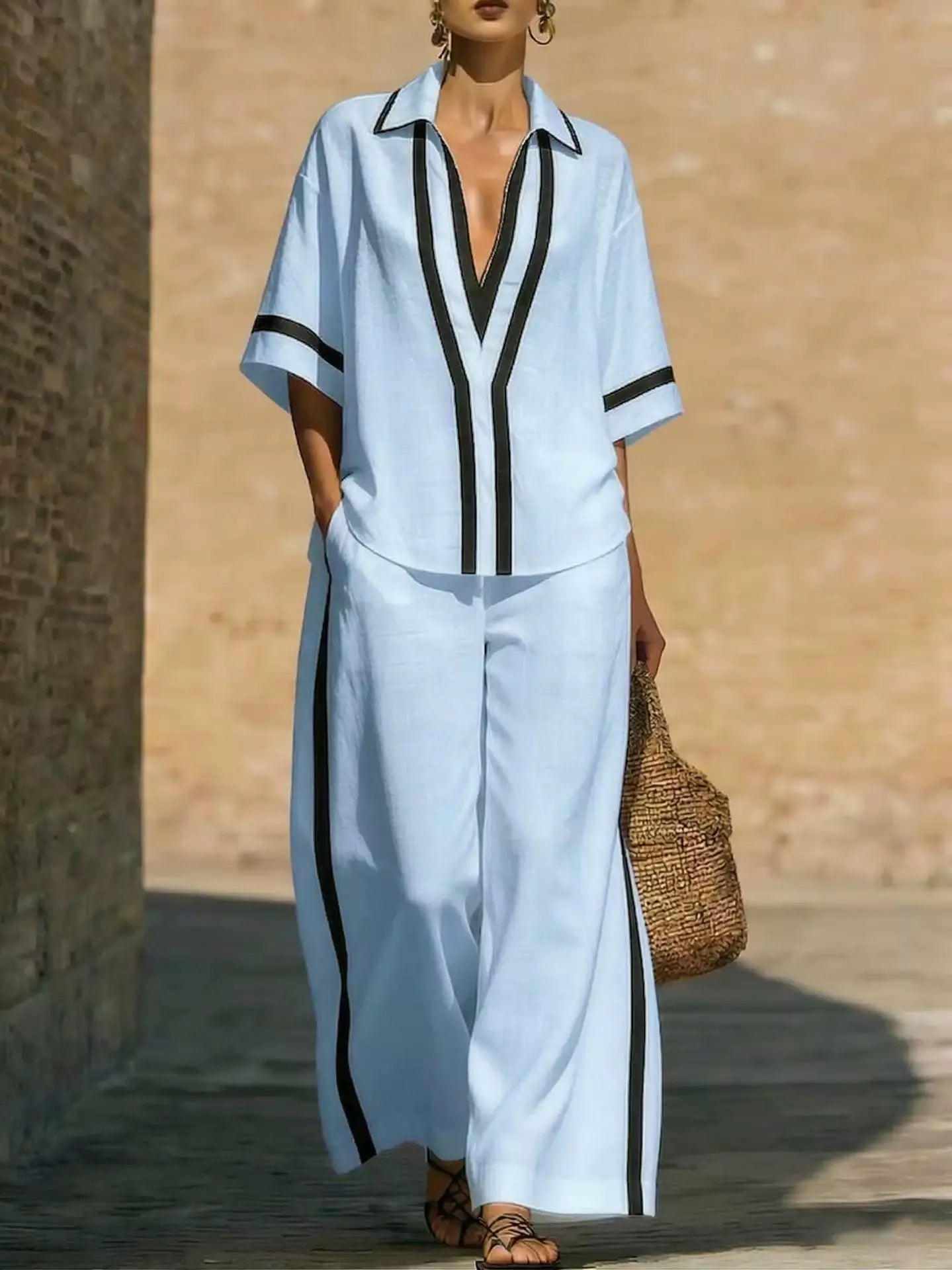 Nautical color block V-neck tunic and palazzo pants set for women
