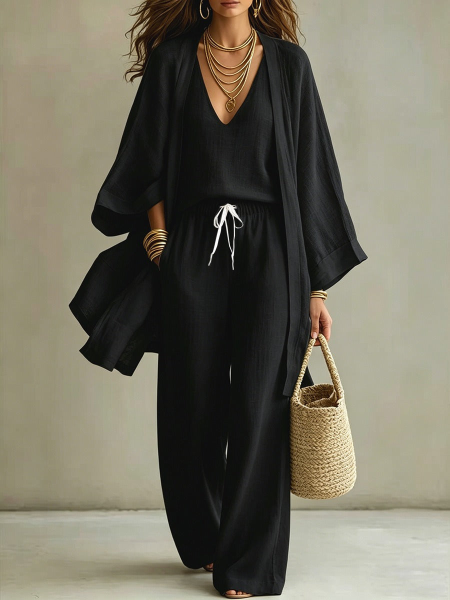Three-piece linen look set cardigan cami and wide-leg pants for women