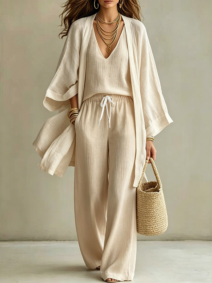 Three-piece linen look set cardigan cami and wide-leg pants for women