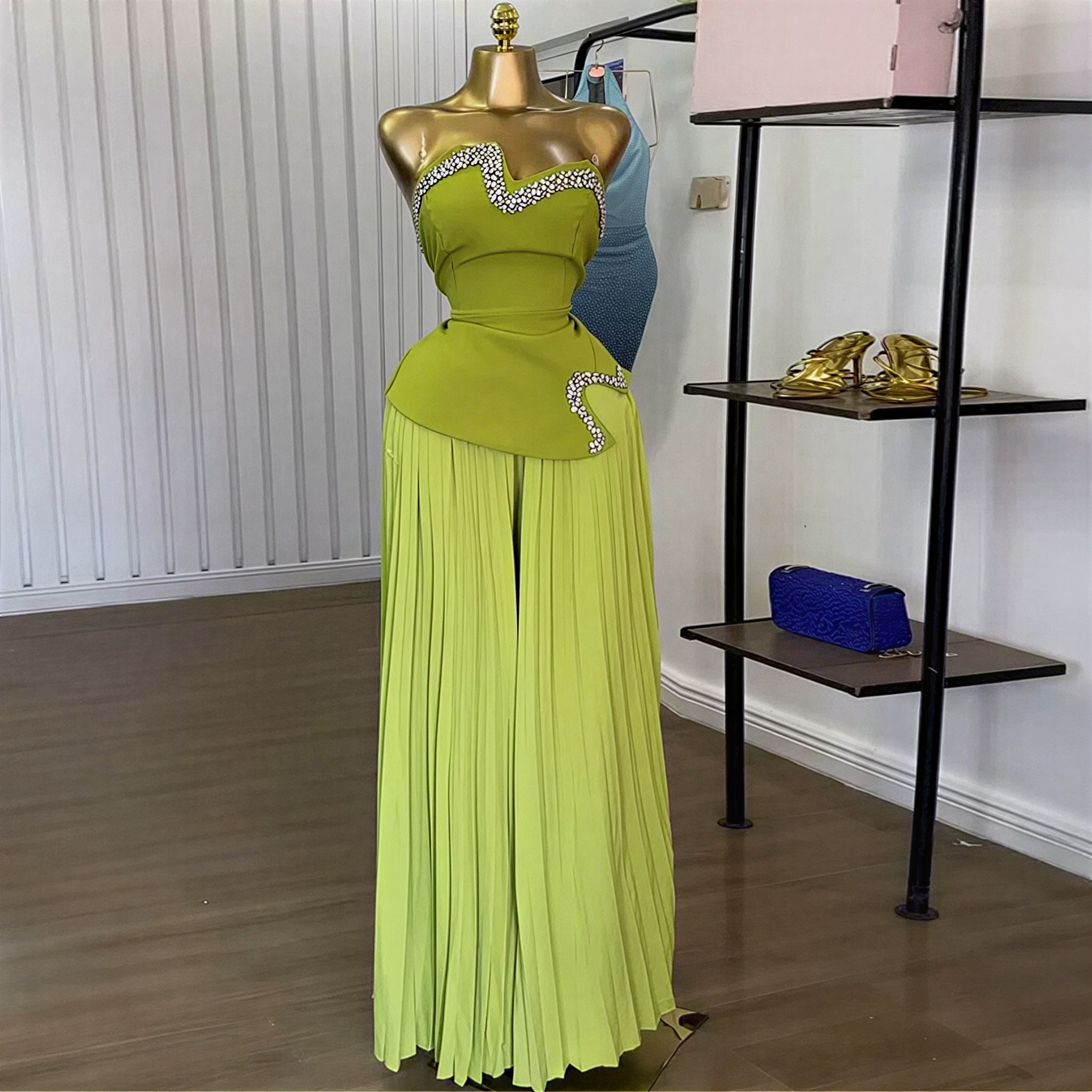 Rhinestone strapless pink peplum and palazzo pants co-ord set