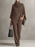 Cowl neck poncho top and wide-leg pants knit two-piece set for women