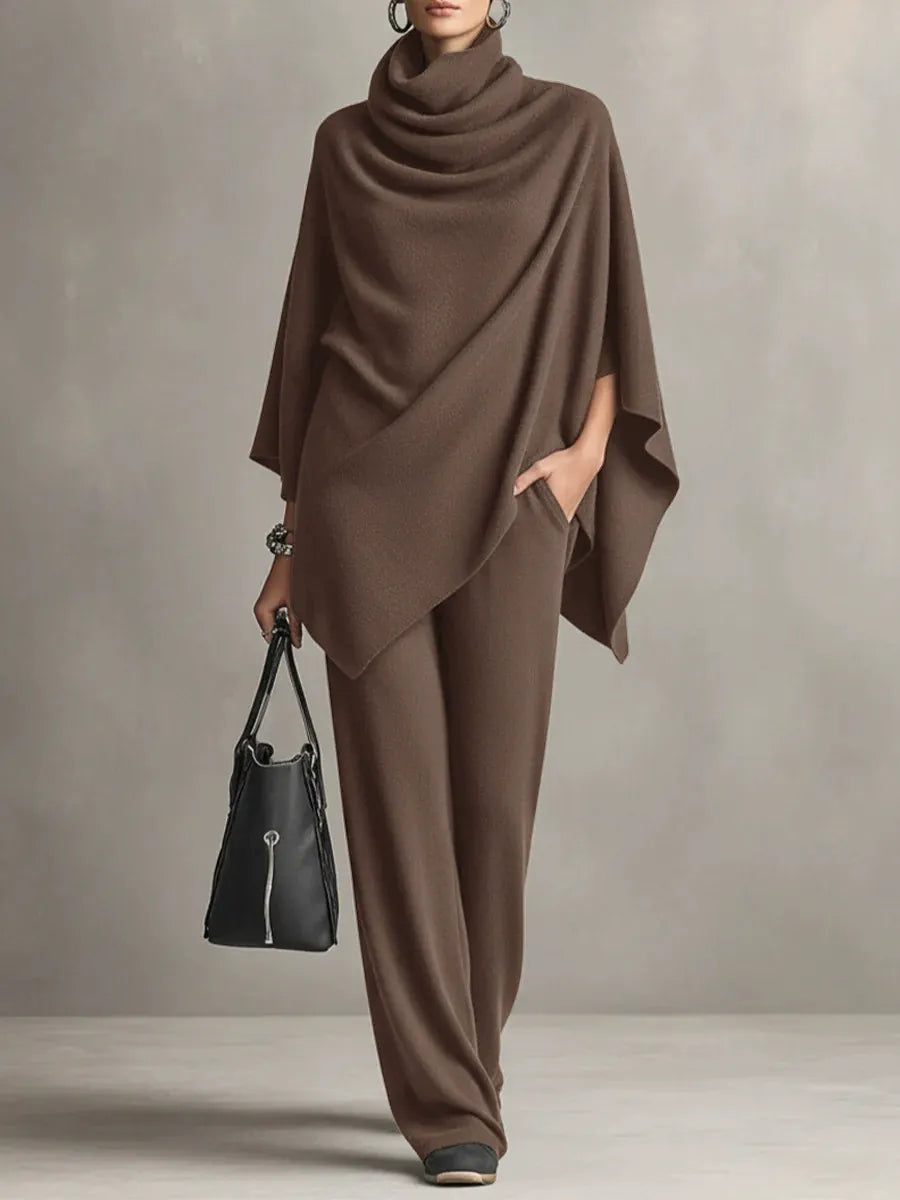 Cowl neck poncho top and wide-leg pants knit two-piece set for women
