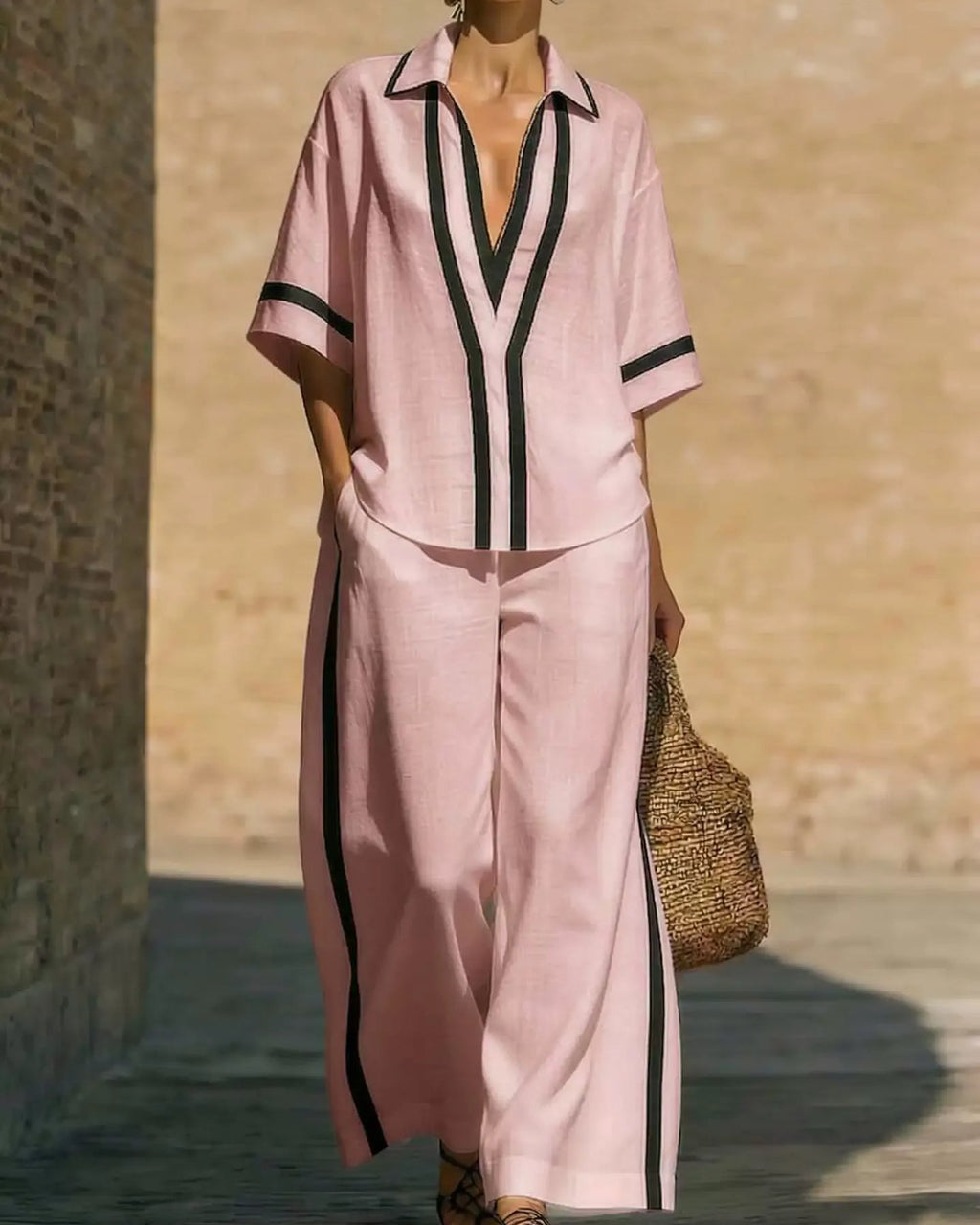 Nautical color block V-neck tunic and palazzo pants set for women