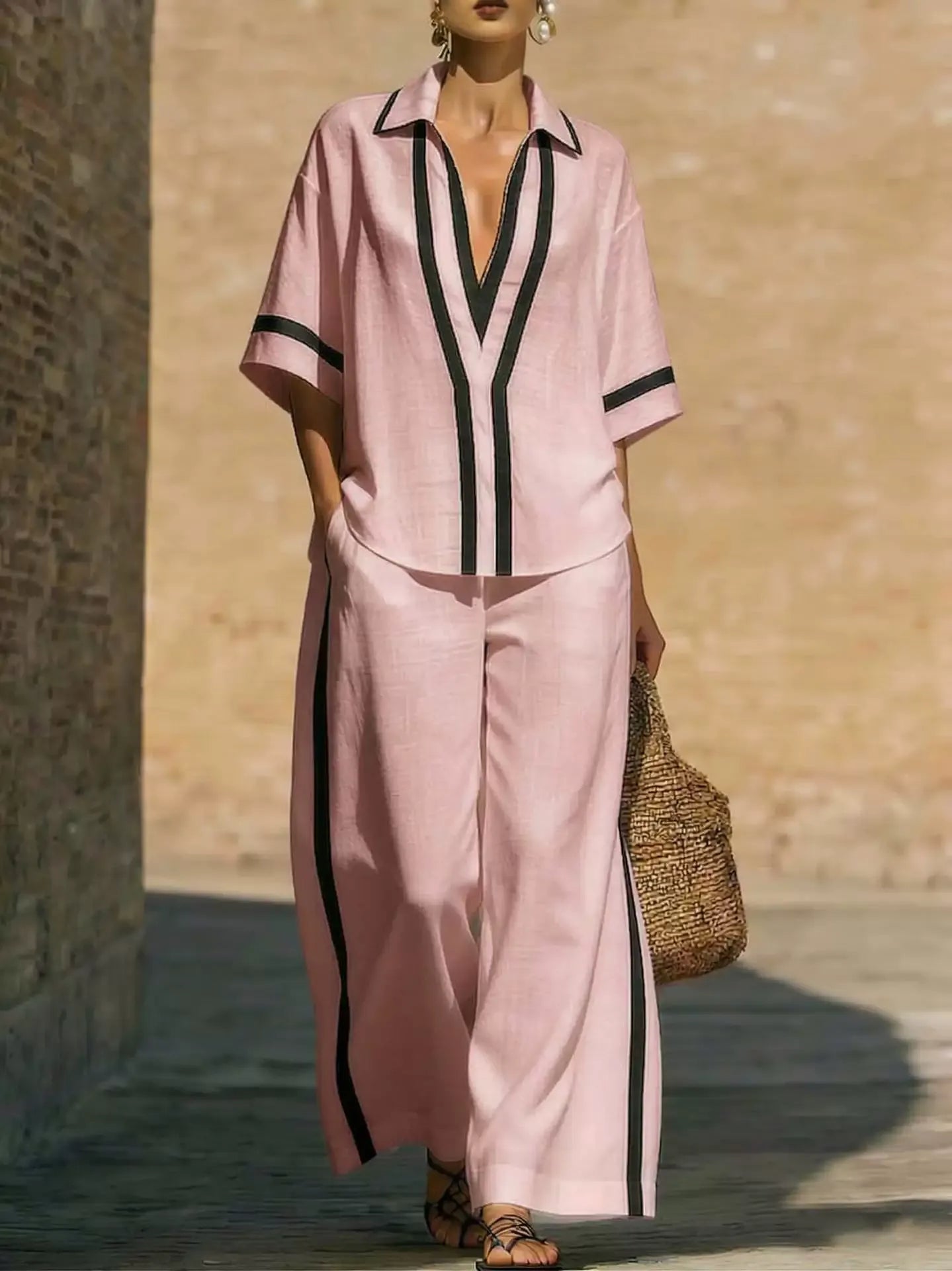 Nautical color block V-neck tunic and palazzo pants set for women