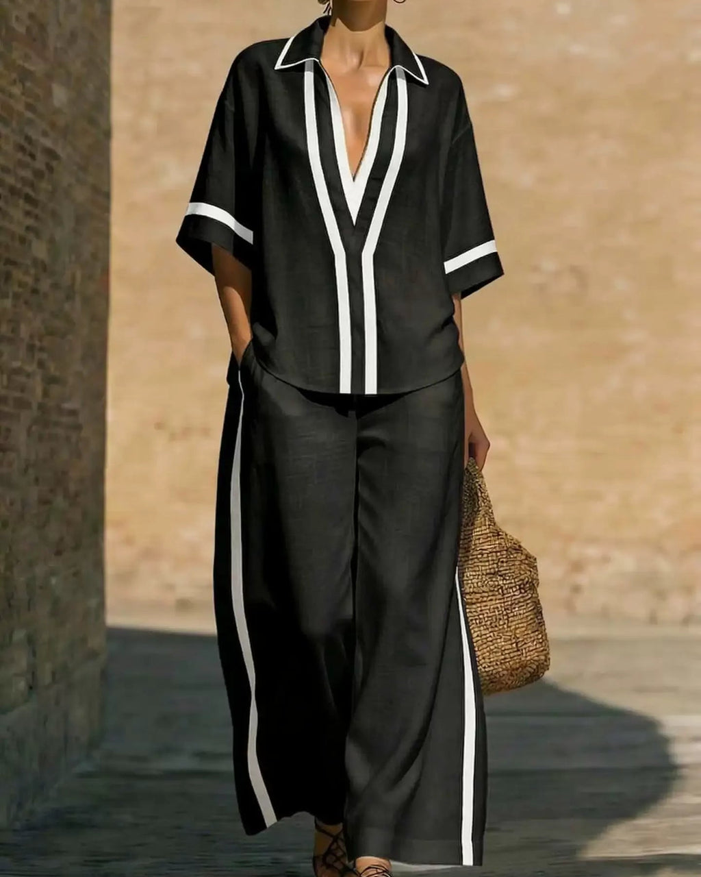 Nautical color block V-neck tunic and palazzo pants set for women