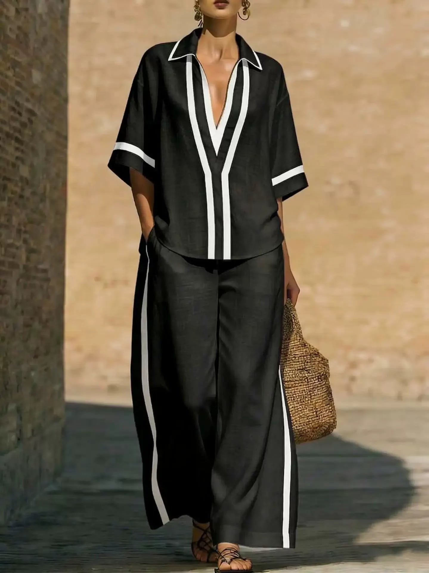 Nautical color block V-neck tunic and palazzo pants set for women