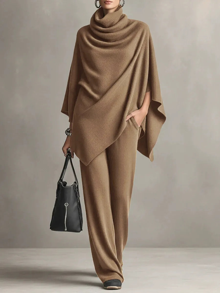 Cowl neck poncho top and wide-leg pants knit two-piece set for women