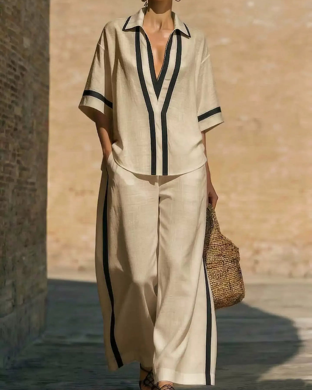 Nautical color block V-neck tunic and palazzo pants set for women
