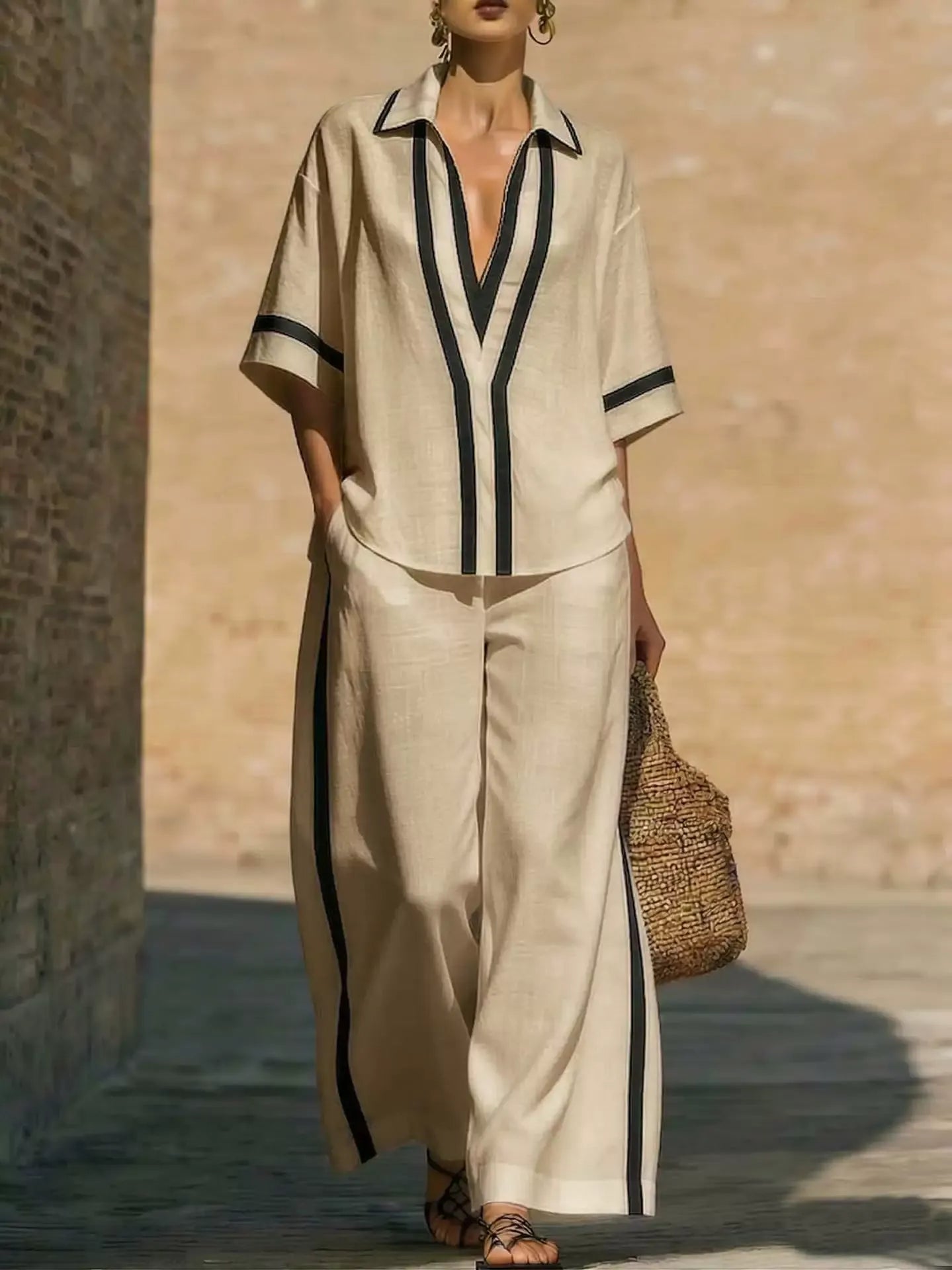 Nautical color block V-neck tunic and palazzo pants set for women
