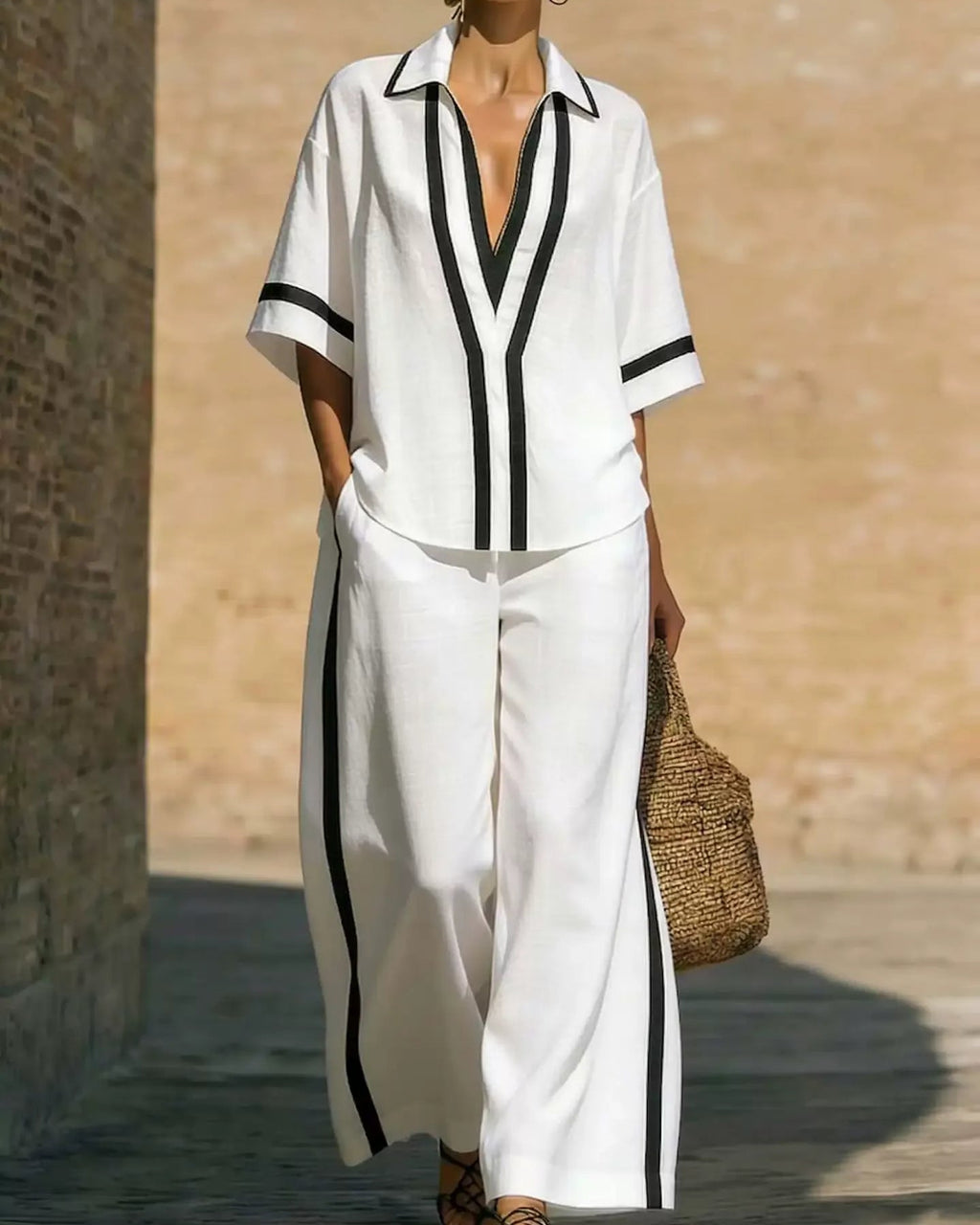 Nautical color block V-neck tunic and palazzo pants set for women