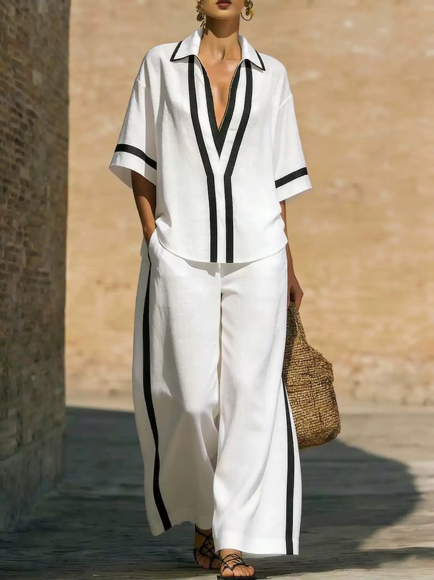Nautical color block V-neck tunic and palazzo pants set for women