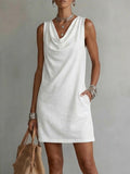 Sleeveless cotton dress with draped neckline for women