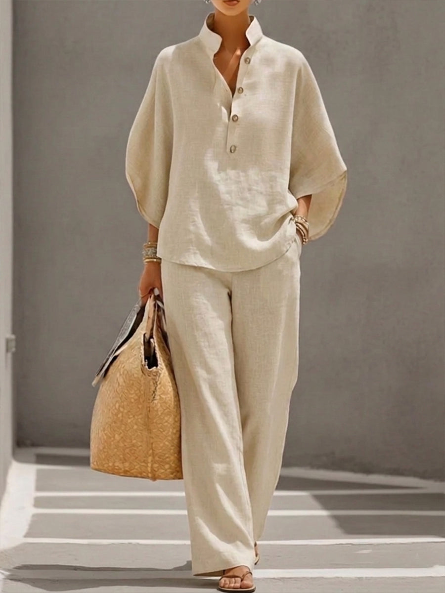Batwing sleeve linen cotton two-piece set casual shirt and trousers