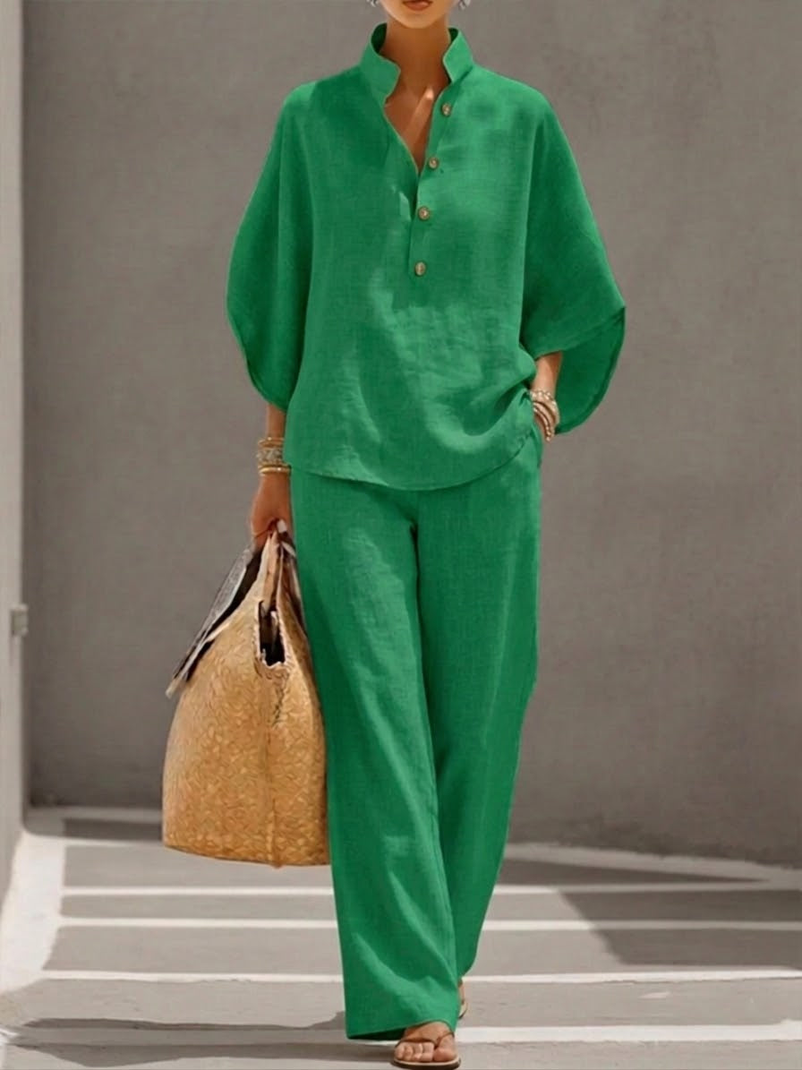 Batwing sleeve linen cotton two-piece set casual shirt and trousers