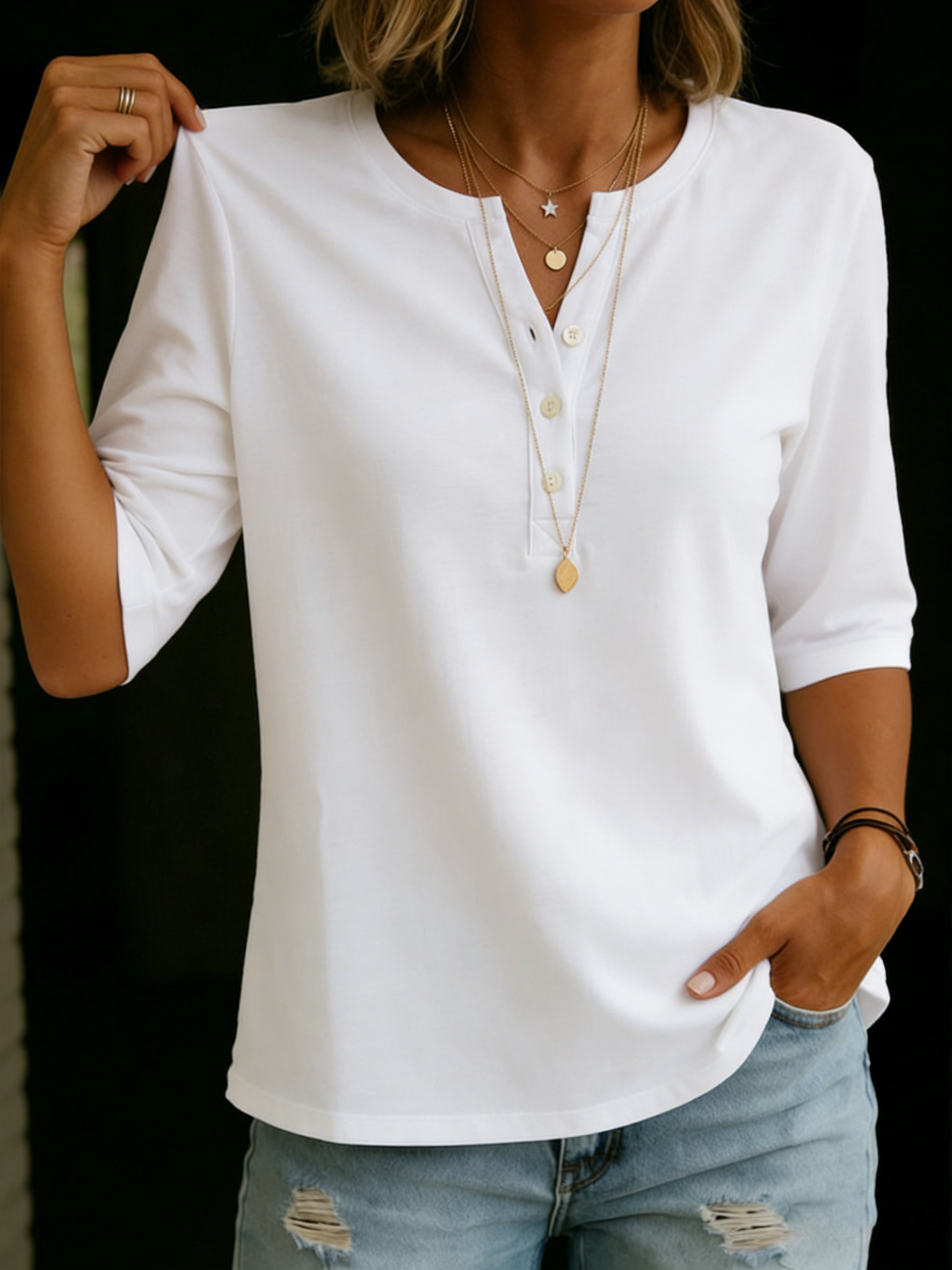Button placket Henley top for women in cotton