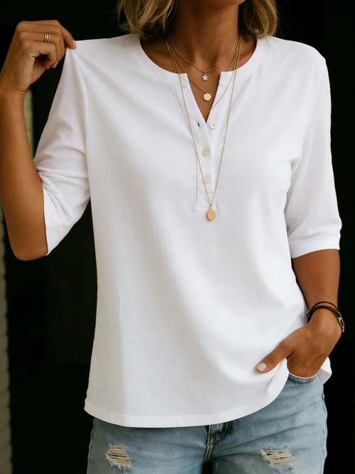Button placket Henley top for women in cotton