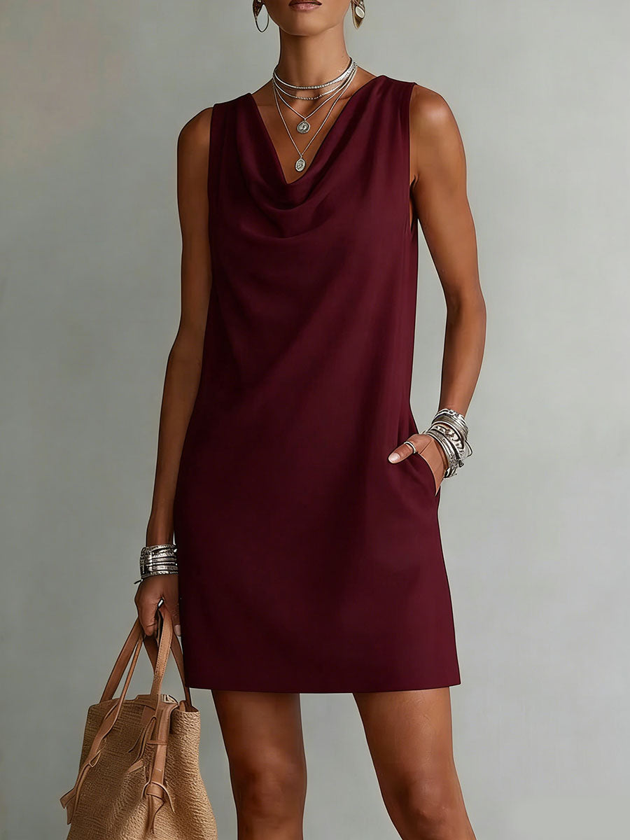Sleeveless cotton dress with draped neckline for women