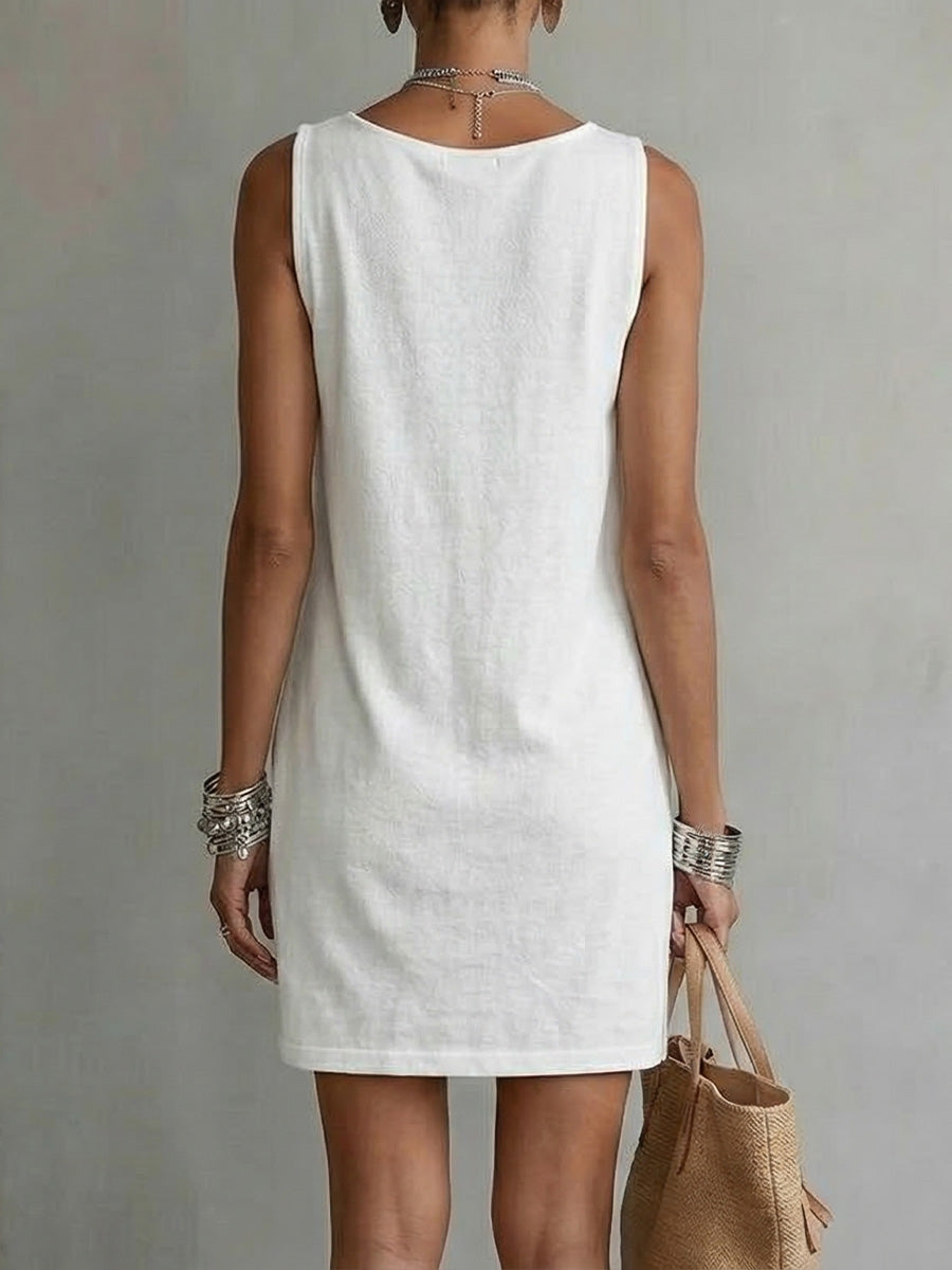 Sleeveless cotton dress with draped neckline for women