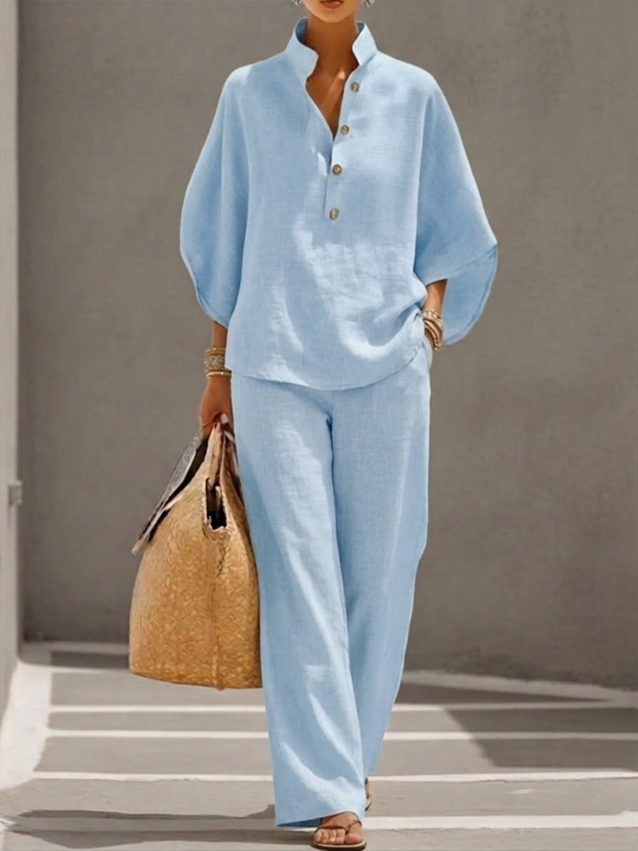 Batwing sleeve linen cotton two-piece set casual shirt and trousers