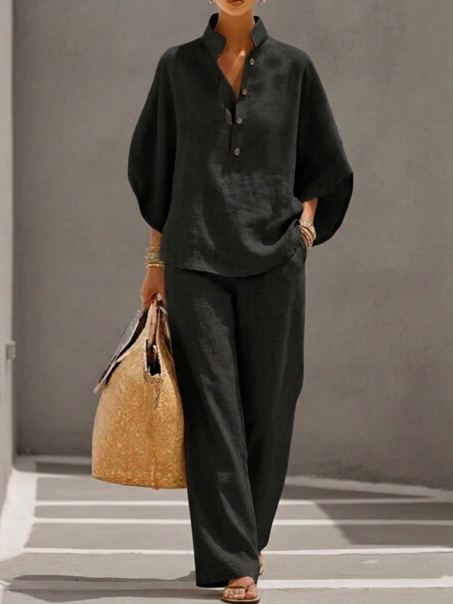 Batwing sleeve linen cotton two-piece set casual shirt and trousers