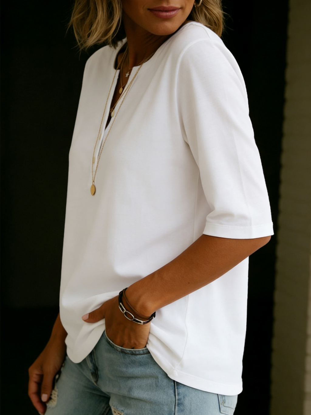 Button placket Henley top for women in cotton